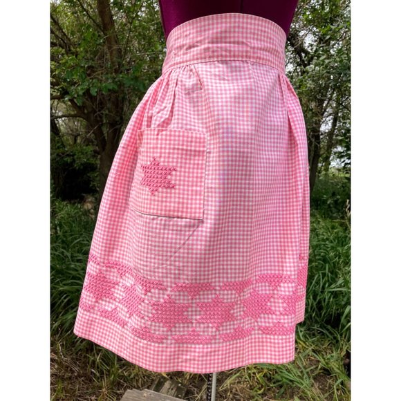 Vintage 1950s Half Apron Pink Gingham Check Smocked Stars Farmhouse - Picture 6 of 16